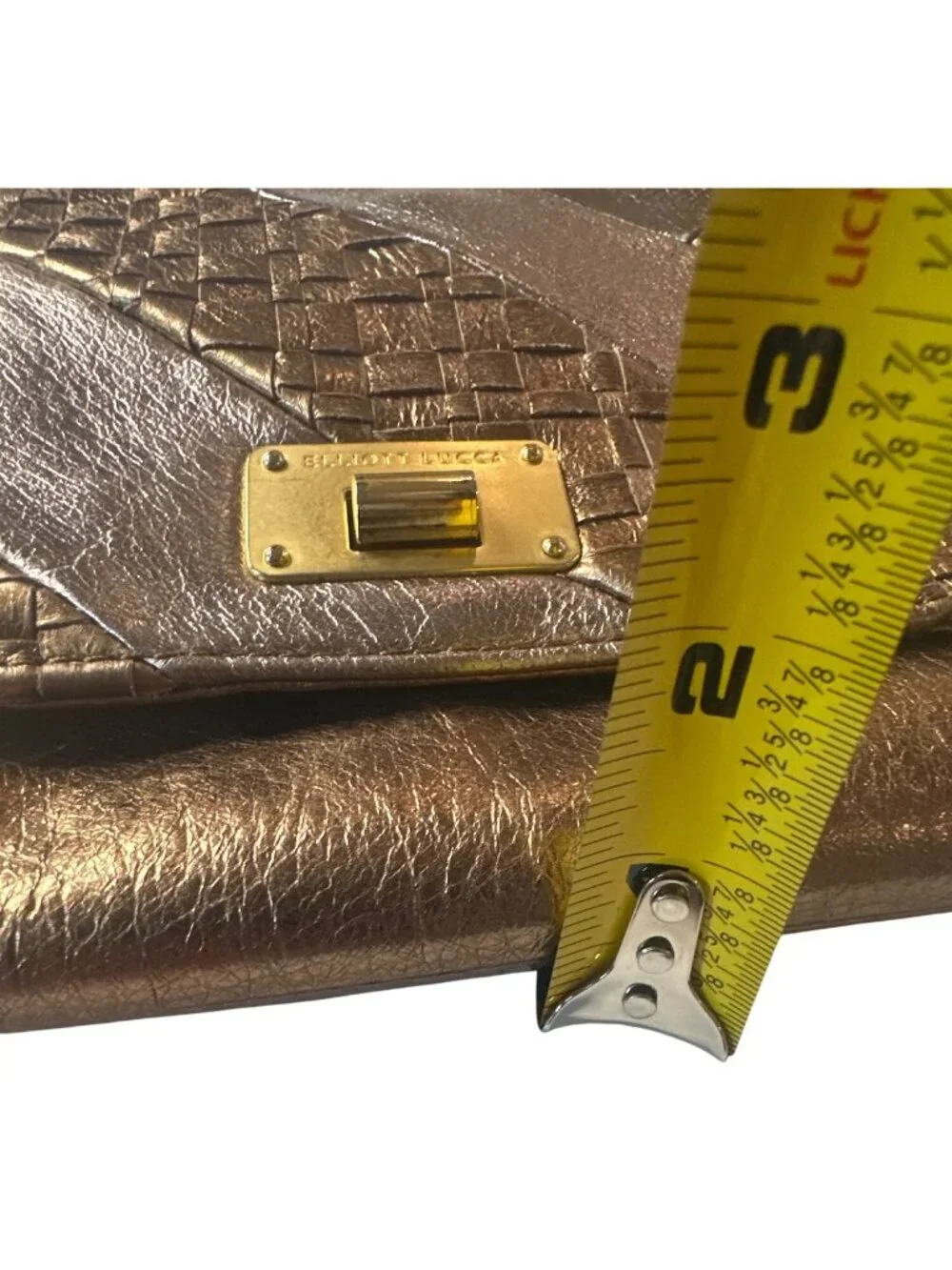 Elliott Lucca Metallic Bronze Woven Leather Chain Clutch Crossbody Bag 11